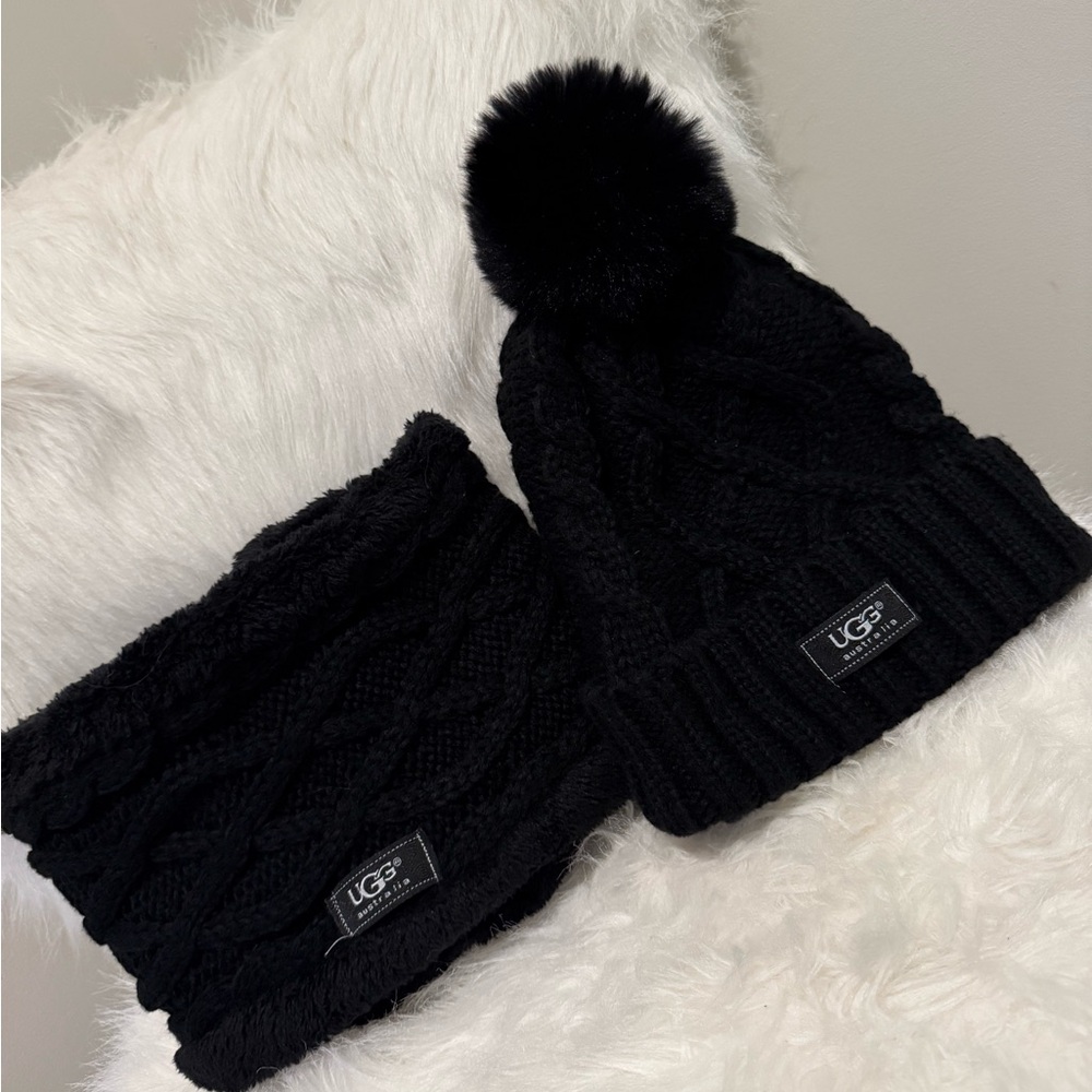 UGG Black Cable Knit Beanie and Infinity Scarf Set